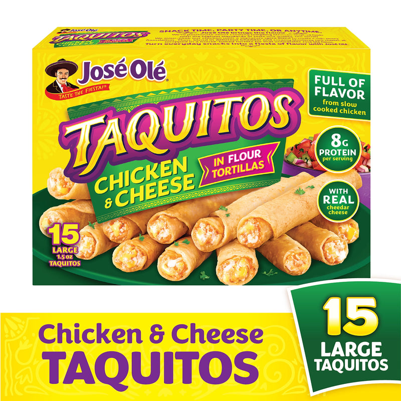 Jose Ole Chicken & Cheese Taquitos in Flour Tortillas, Frozen Mexican Food, 22.5 oz, 15 Ct — package