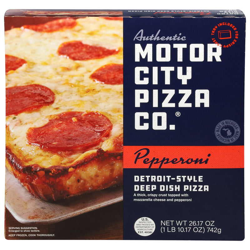 AUTHENTIC MOTOR CITY PIZZA CO. Pepperoni Detroit-Style Pizza,Tomato Sauce,26.17 oz(Frozen) — package
