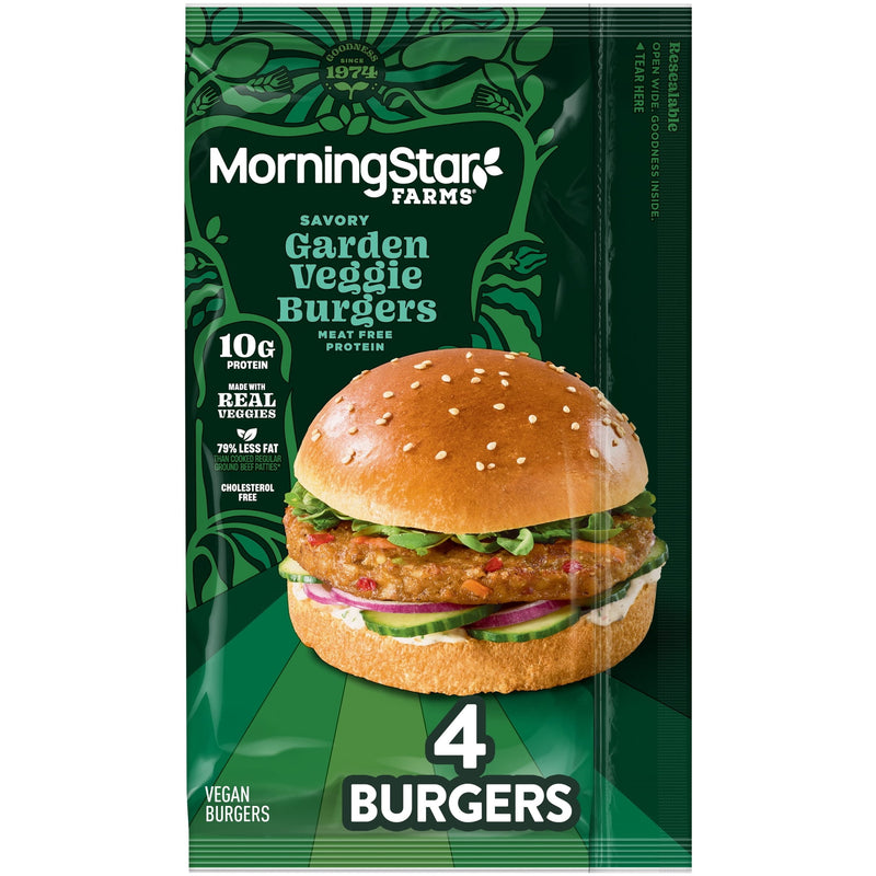 MorningStar Farms Savory Plant Based Garden Veggie Burgers, Vegan, 9.5 oz, 4 Count (Frozen), Regular — package