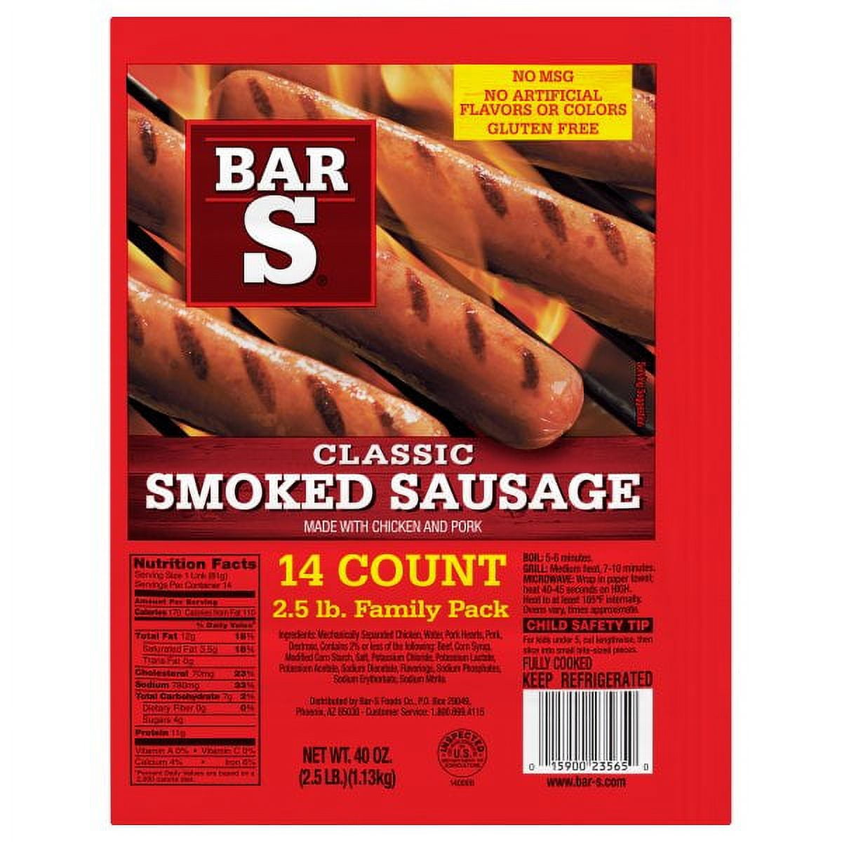 Bar-S Refrigerated Smoked Sausage Classic, 40 oz, 14 ct