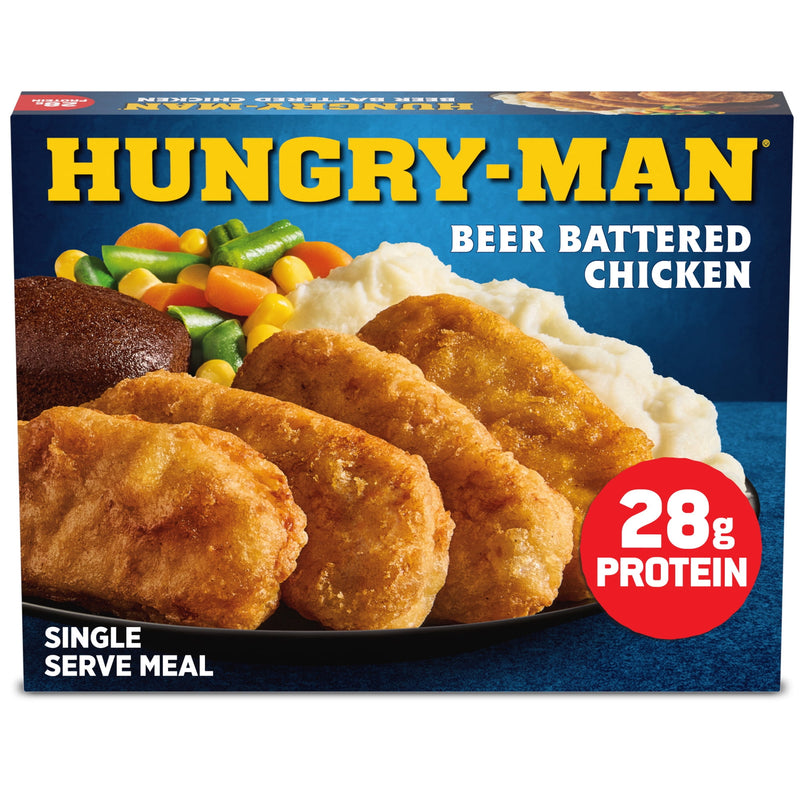 Hungry-Man Beer Battered Chicken, 28g of Protein, 5g of Fiber, Frozen Meal, 14.5 oz — package