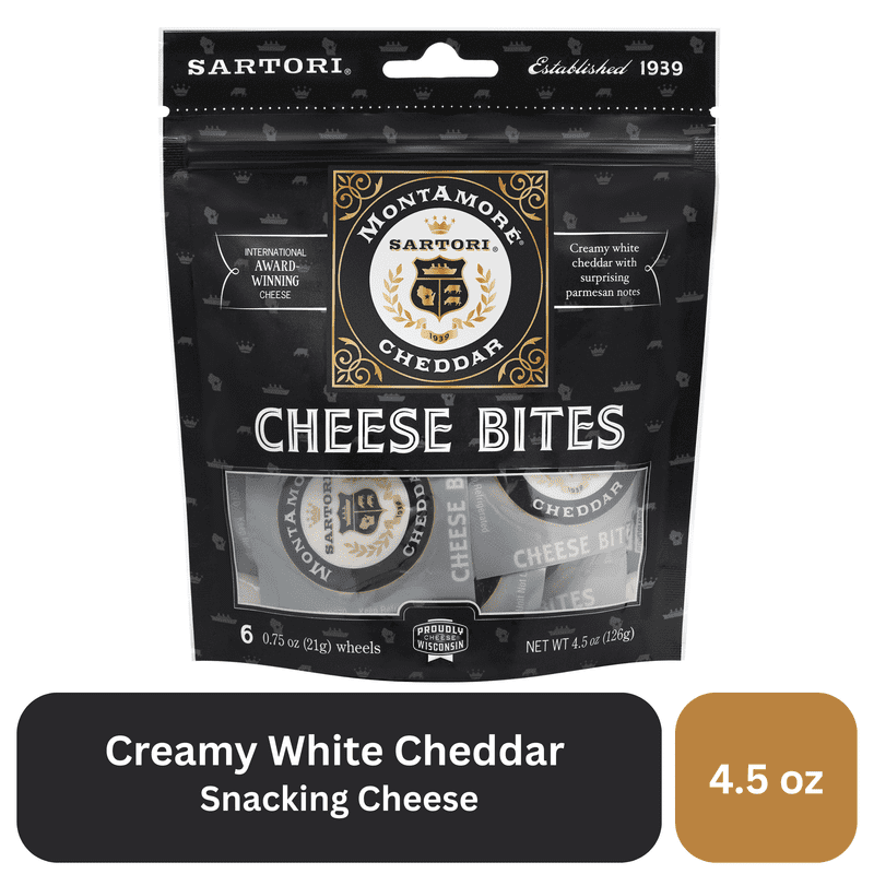 Sartori MontAmoré Cheese Bites, 4.5 oz, Snack Bites, Cheddar Cheese, Refrigerated — package