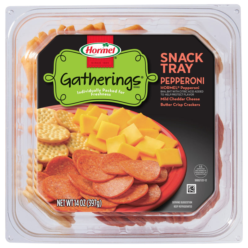 HORMEL GATHERINGS, Pepperoni with Cheese and Crackers, Deli Snack, Refrigerated, 14 oz Plastic Tray — package