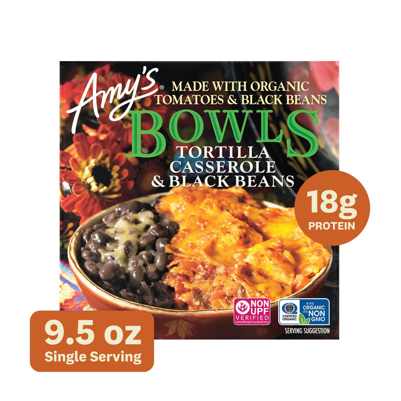 Amy's Frozen Meals, Tortilla Casserole & Black Beans Bowl, Microwave Meals, 9.5 oz — package