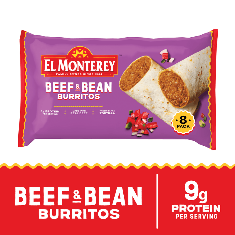 El Monterey Beef & Bean Burritos, 32 oz, 8 Count (Frozen) — package