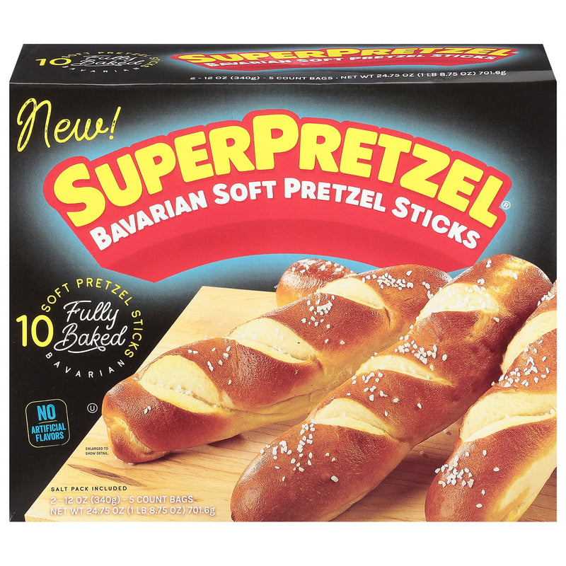 SUPERPRETZEL Bavarian Soft Pretzel Sticks, 24 oz, 10 Count (Frozen) — package