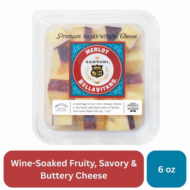 Sartori Merlot BellaVitano Cheese Cubes, Specialty Cheese, Aged Cheese, Fruity, Savory, Wine Soaked Cheese, Refrigerated — package