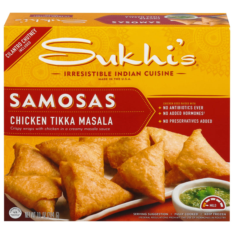 Sukhi's Indian Chicken Tikka Masala Samosa Frozen Appetizer Snack 10oz — package