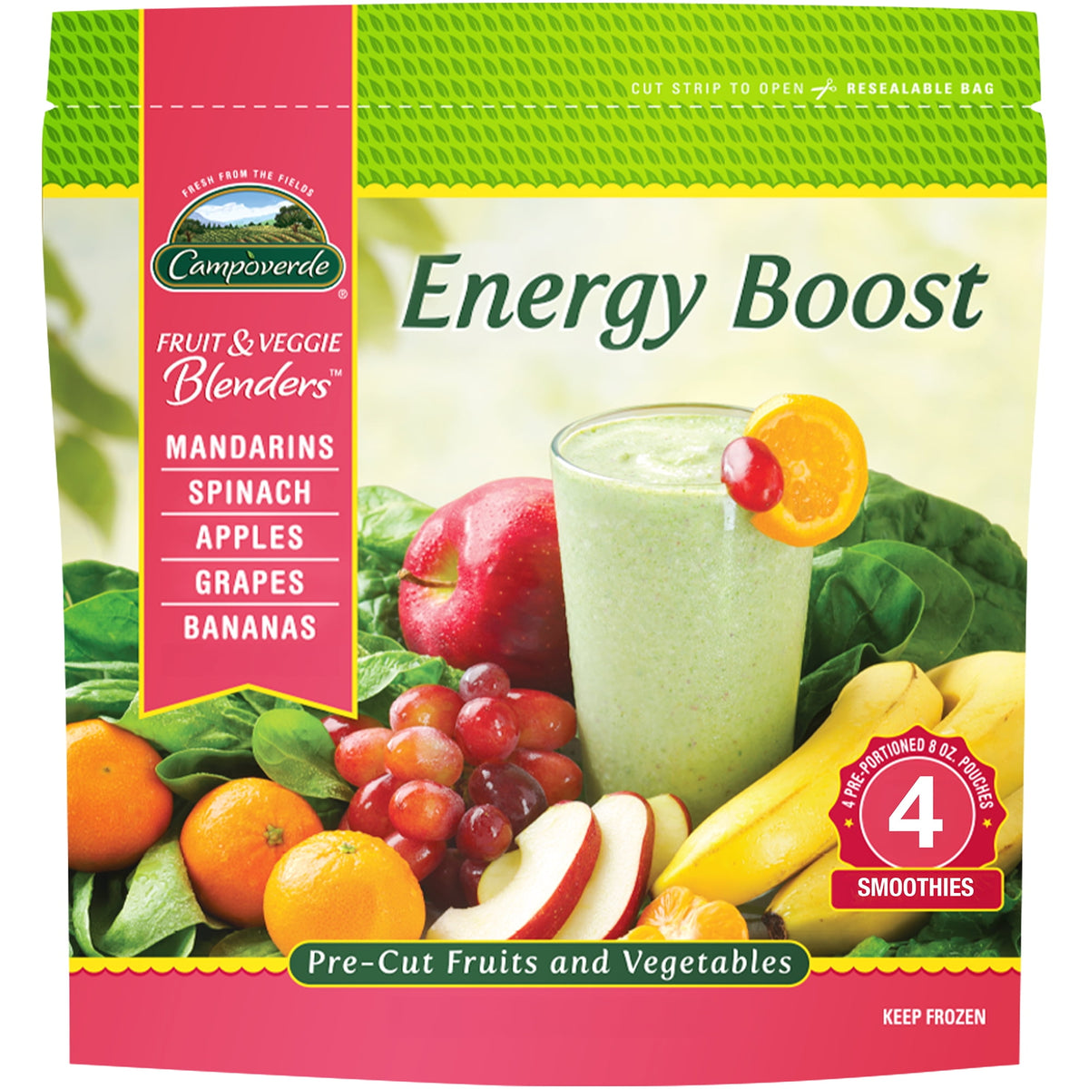 Campoverde Frozen Fruit & Veggie Smoothie Mix Energy Boost, 32 oz, 4 ct
