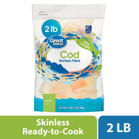 Great Value Wild Caught Skinless Cod Fillets, 2 lb, Bag (Frozen Fish) — package