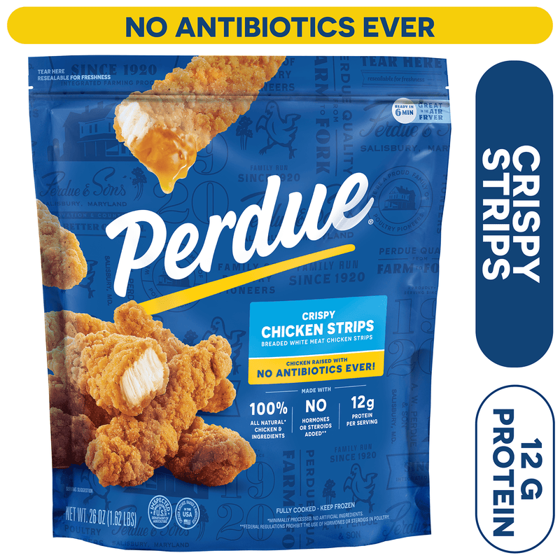 Perdue, No Antibiotics Ever, Frozen Crispy Breaded Chicken Breast Strips, 26 oz. — package