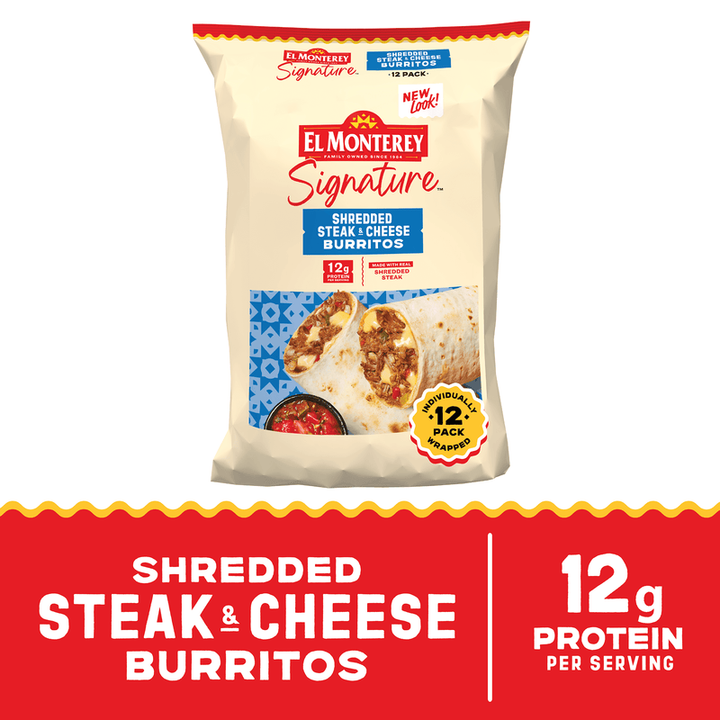 El Monterey Signature Shredded Steak and Cheese Burritos 57.6 oz, 12 Count (Frozen) — package