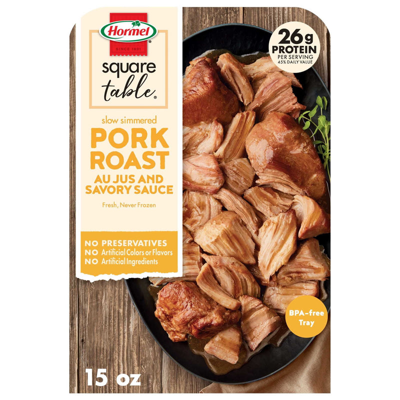 HORMEL SQUARE TABLE Slow Simmered Pork Roast Au Jus and Savory Sauce, Refrigerated, 15 oz Plastic Microwaveable Tray — package