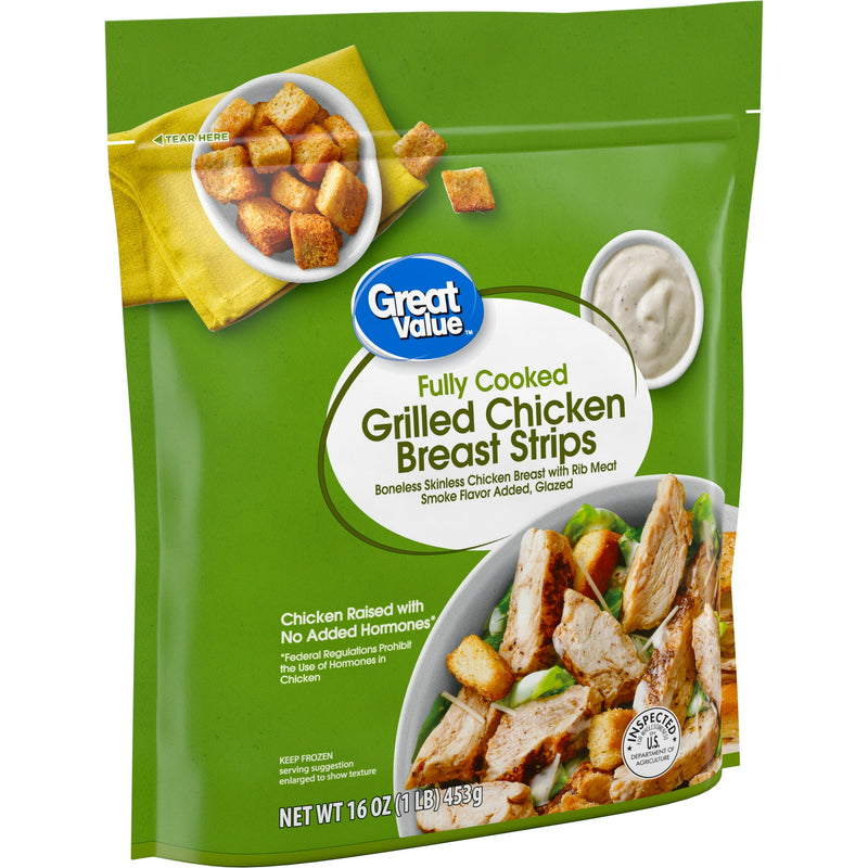 Great Value Fully Cooked Boneless Skinless Grilled Chicken Breast Strips, 16 oz (Frozen) — package