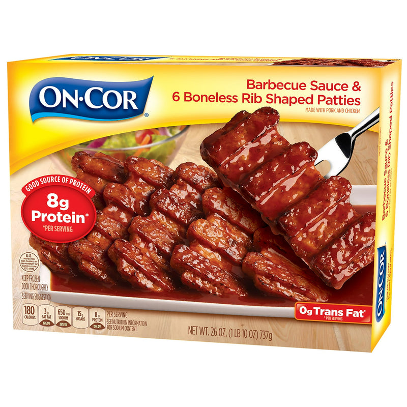 On-Cor BBQ Sauce & Boneless Rib Shaped Patties , Regular 26 Ounce Package Meal, (Frozen) — package