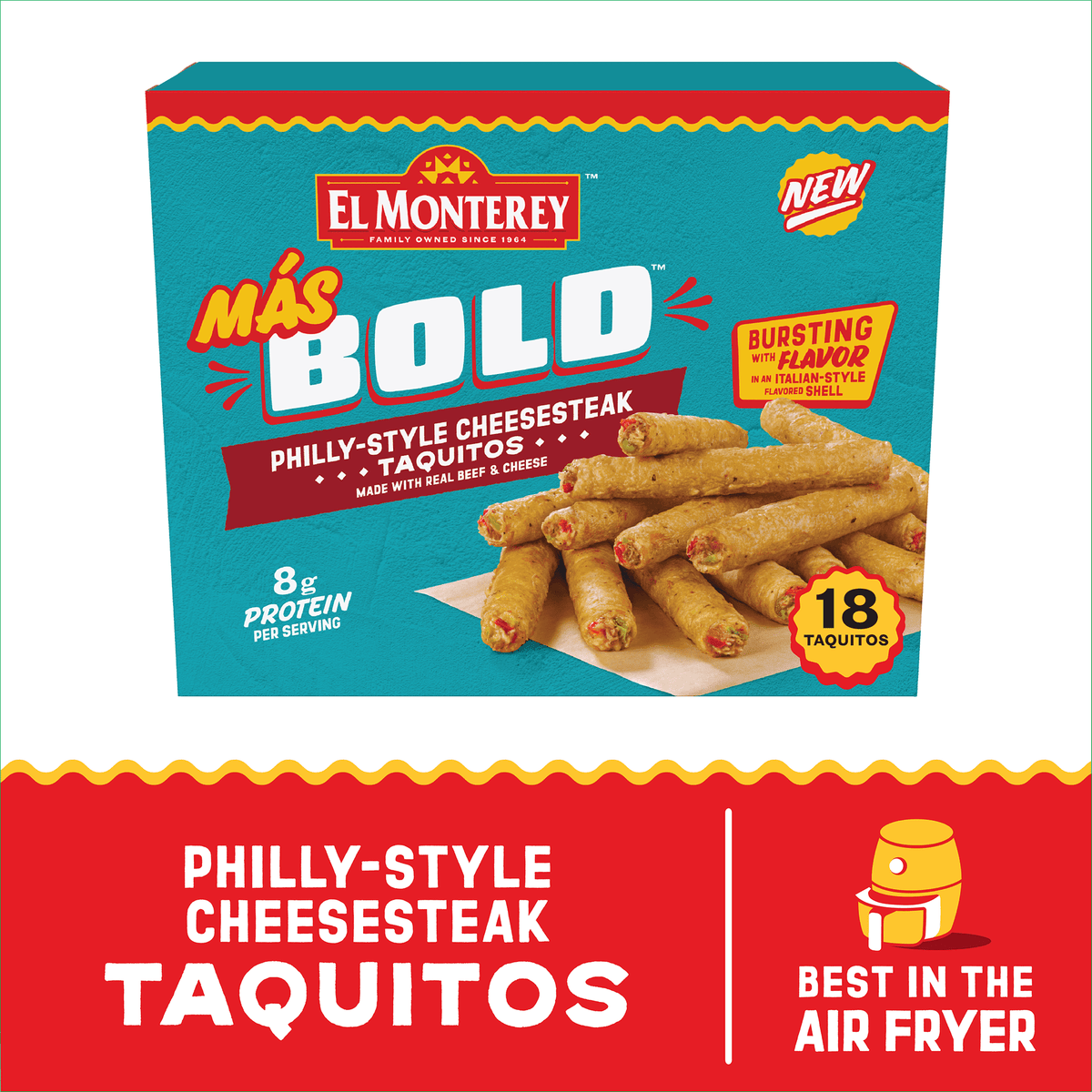 El Monterey Frozen Mas Bold Taquitos Philly-Style Cheesesteak, 20.7 oz, 18 ct