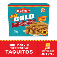 El Monterey Mas Bold Philly-Style Cheesesteak Taquitos 20.7 oz, 18 Count (Frozen) — package