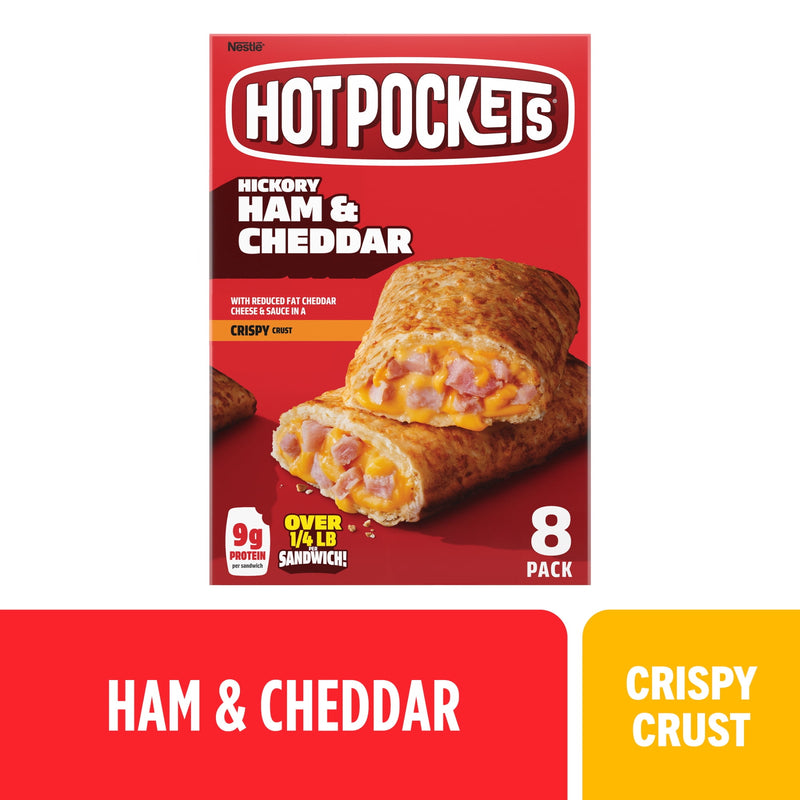Hot Pockets Hickory Ham and Cheddar, Crispy Buttery Crust Sandwich Snacks, 36 oz, 8 Pack (Frozen) — package