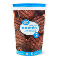 Great Value 100% Pure Beef Burgers, 85% Lean/15% Fat, 3 lbs, 12 Count (Frozen) — package