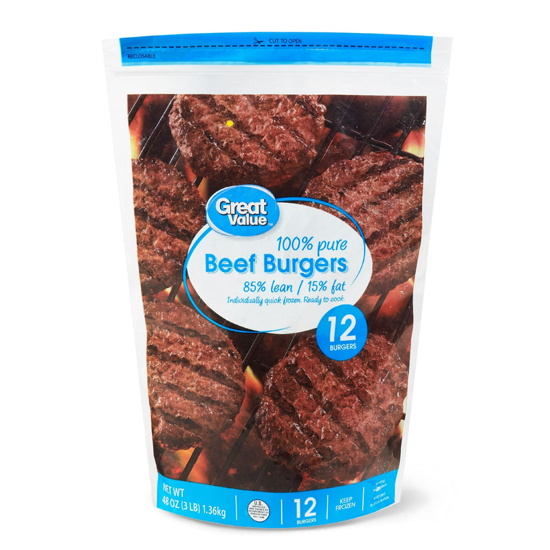 Great Value 100% Pure Beef Burgers, 85% Lean/15% Fat, 3 lbs, 12 Count (Frozen) — package