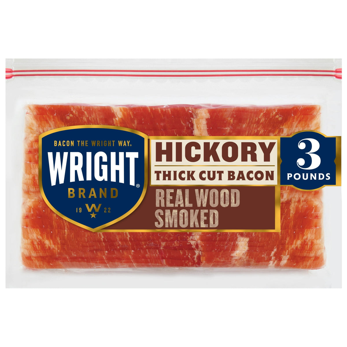 Wright Brand Refrigerated Thick Cut Sliced Bacon Hickory Smoked, 48 OZ