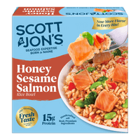 Scott & Jon’s Frozen Meals, Honey Sesame Salmon Rice Bowl, Microwave Meals, Frozen Dinner for One, 9.6 oz — package