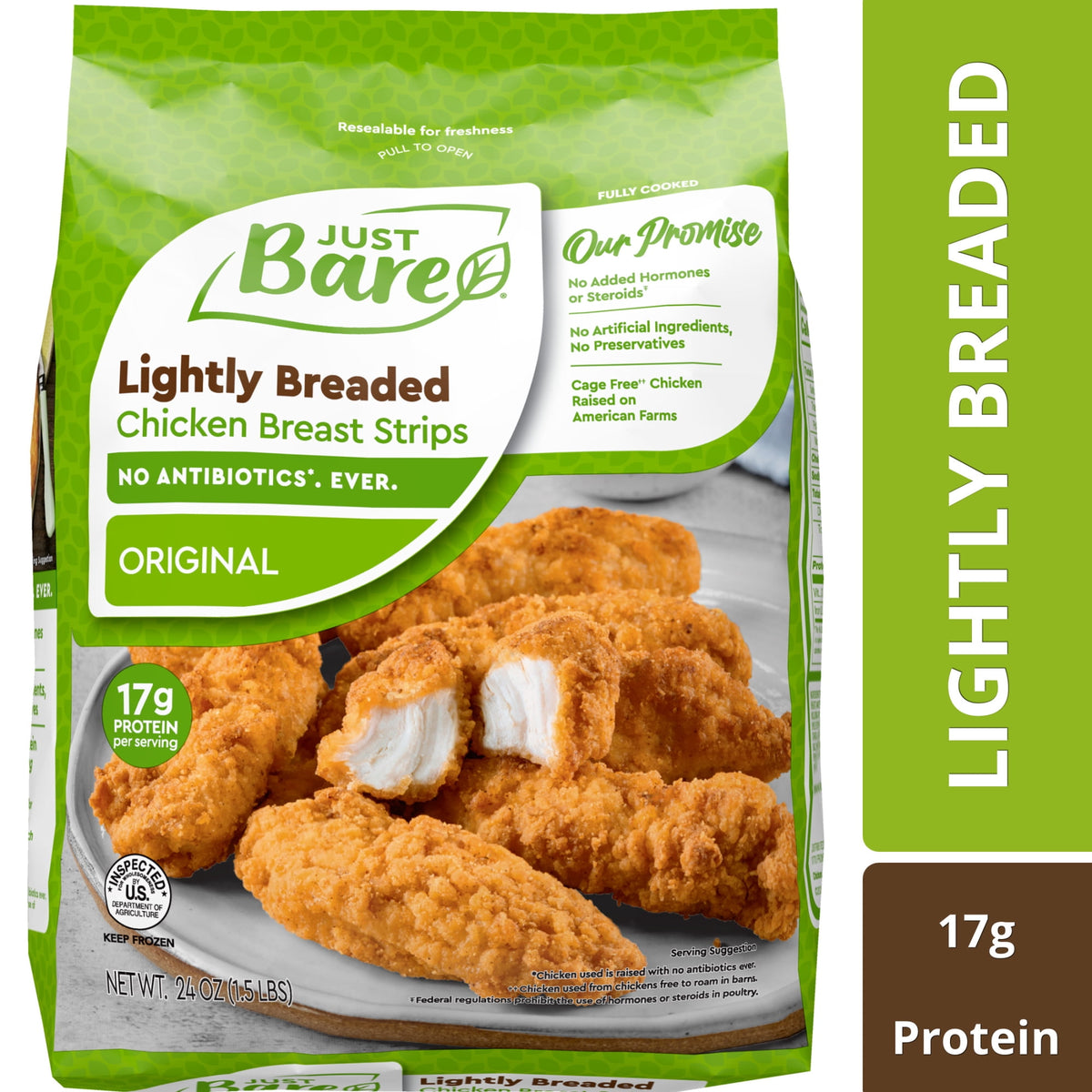 Just Bare Frozen Fully Cooked Lightly Breaded Chicken Breast Strips, 1.5 lbs