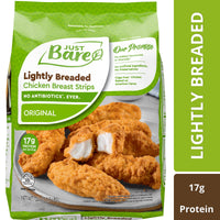 Just Bare Fully Cooked Lightly Breaded Chicken Breast Strips 1.5 lb, 17g of Protein, Serving Size 2 Pieces — package