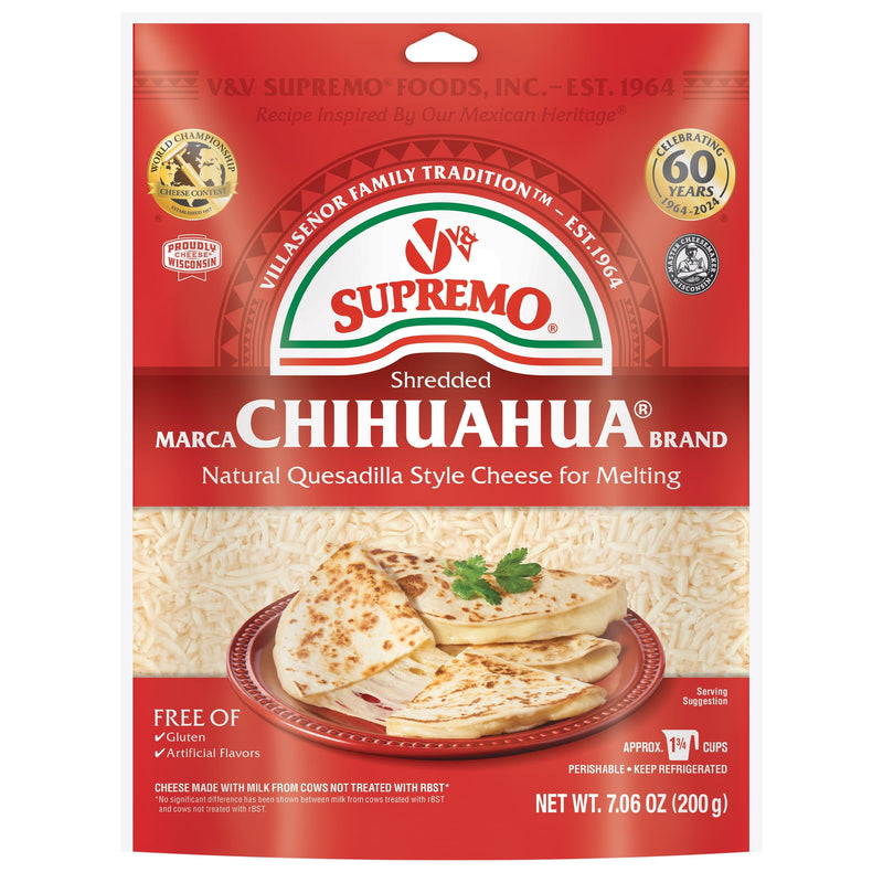 V&V Supremo Shredded Chihuahua Authentic Mexican Style Quesadilla Cheese, Gluten-Free, 7.06 oz, Refrigerated — package