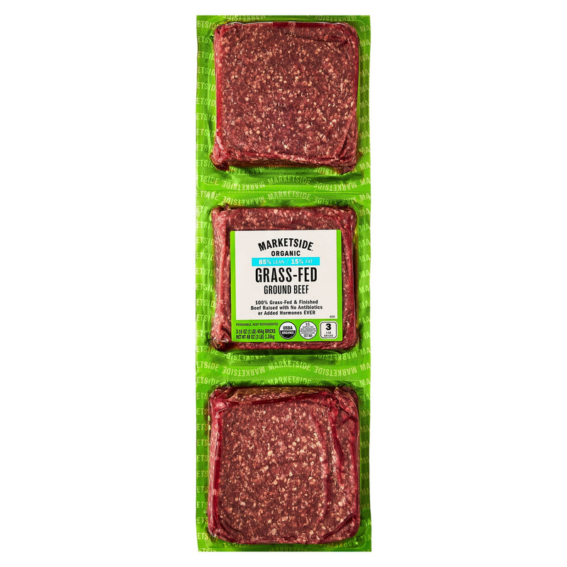 Marketside Organic Grass-Fed Ground Beef, 85% Lean/15% Fat, 1 lb, 3 Count — package