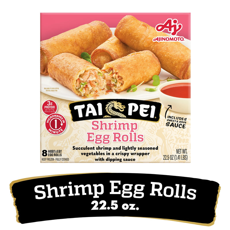 Tai Pei Shrimp Egg Rolls with Sauce, Frozen Asian Appetizers, 8 Ct, 22.5 oz — package