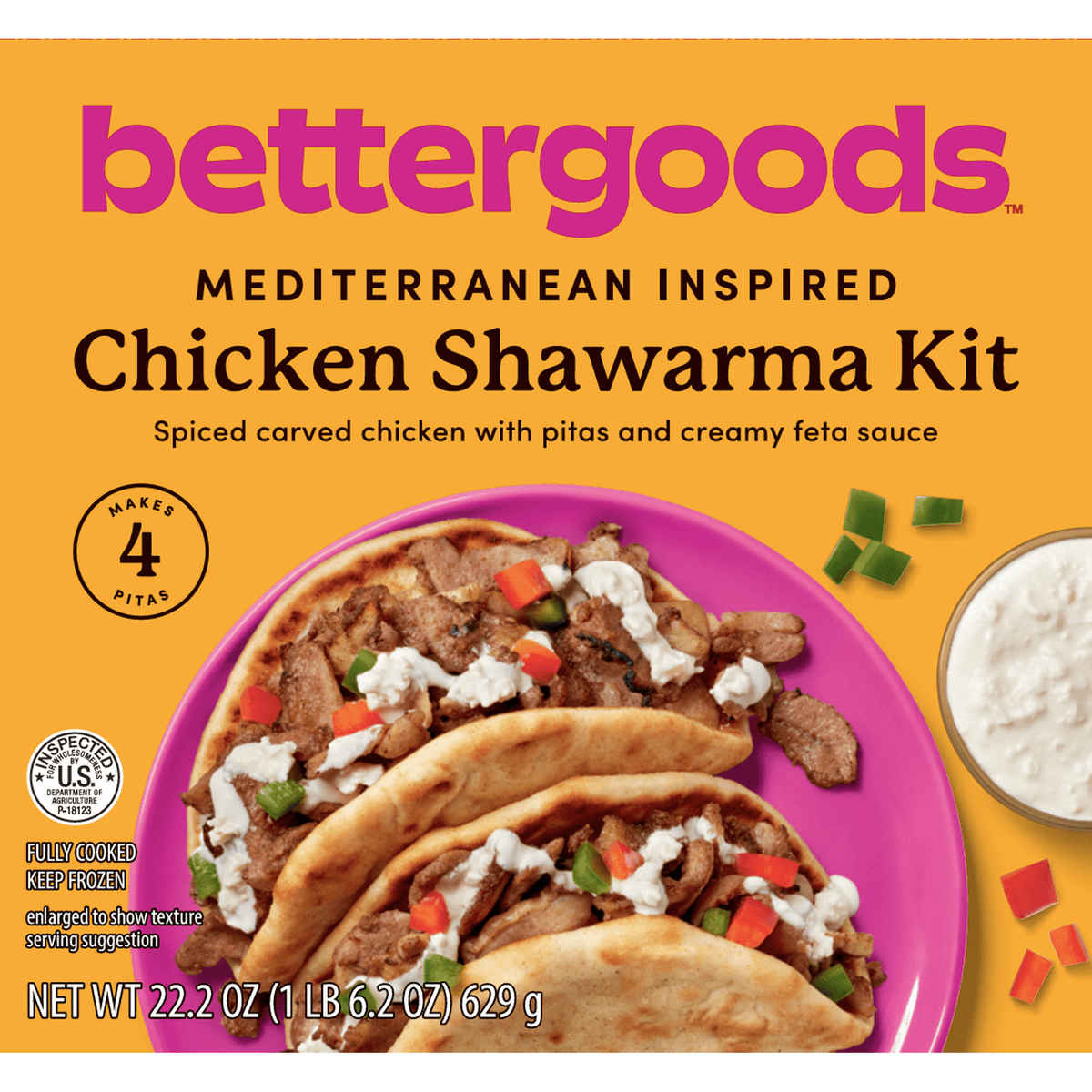 bettergoods Frozen Chicken Shawarma Kit with Creamy Feta and Pita Bread, 22.2 oz