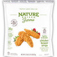 Nature Raised Farms No Seed Oils Lightly Breaded Frozen Chicken Breast Strips, 22 oz, 20g Protein per Serving (Fully Cooked) — package