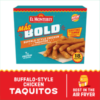El Monterey Mas Bold Buffalo-Style Chicken Taquitos 20.7 oz, 18 Count (Frozen) — package