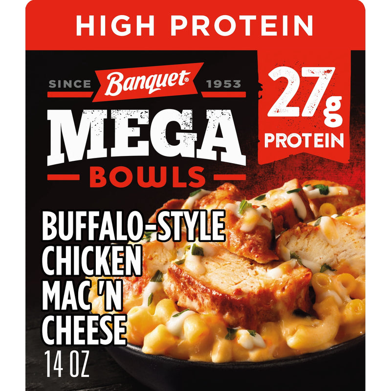 Banquet MEGA Bowls Buffalo-Style Chicken Mac 'N Cheese, 27g Protein, Frozen Meal, 14 oz. — package