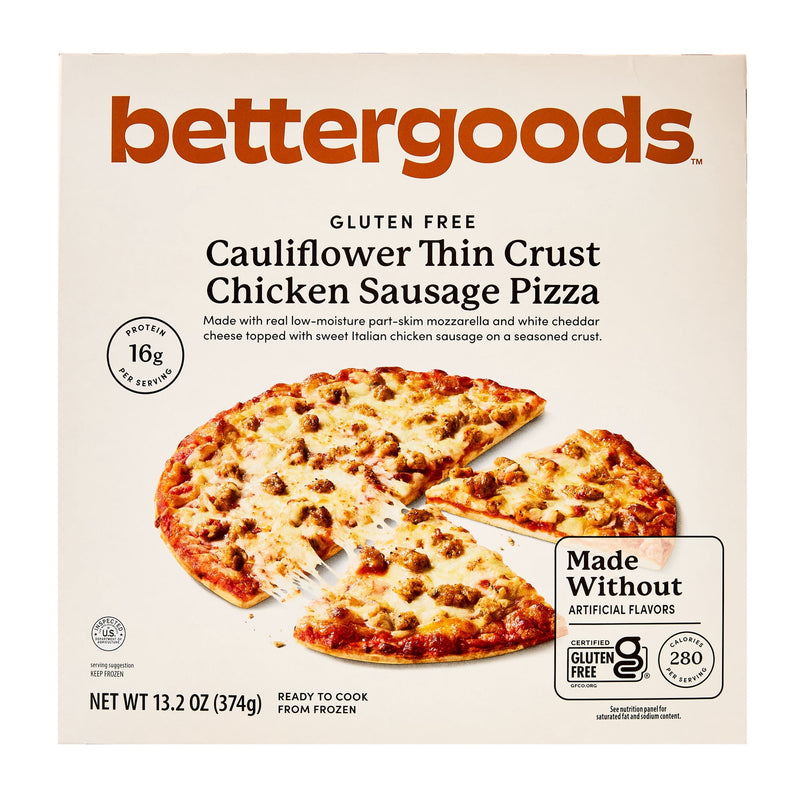 bettergoods Gluten-Free Cauliflower Thin Crust Chicken Sausage Pizza, 13.2 oz (Frozen) — package