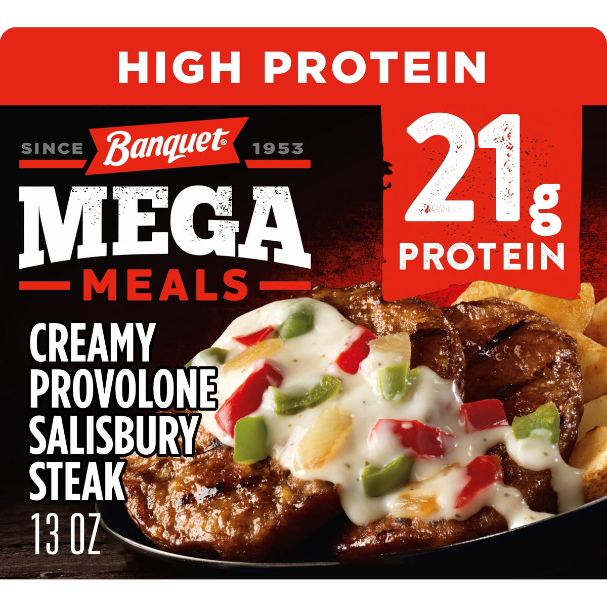 Banquet Frozen MEGA Meals Creamy Provolone Salisbury Steak, 13 oz