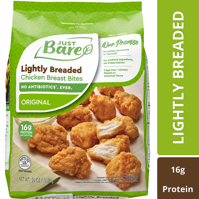 Just Bare Fully Cooked Lightly Breaded Chicken Breast Bites 1.5 lb, 16g of Protein, Serving Size 3 Ounces — package