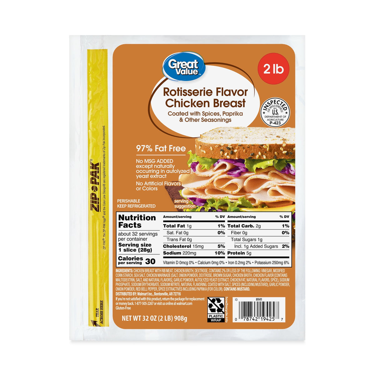 Great Value Refrigerated Chicken Breast Rotisserie Flavor, 32 oz
