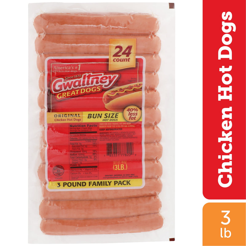 Gwaltney Original Fresh Chicken Hot Dogs Bun Size 3 lb — package