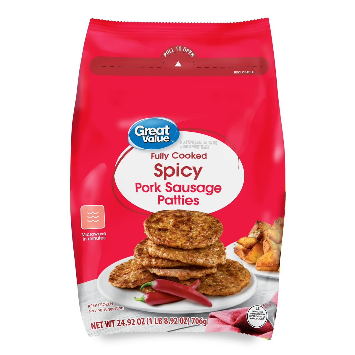 Great Value Frozen Fully Cooked Pork Sausage Patties Spicy, 24.92 oz