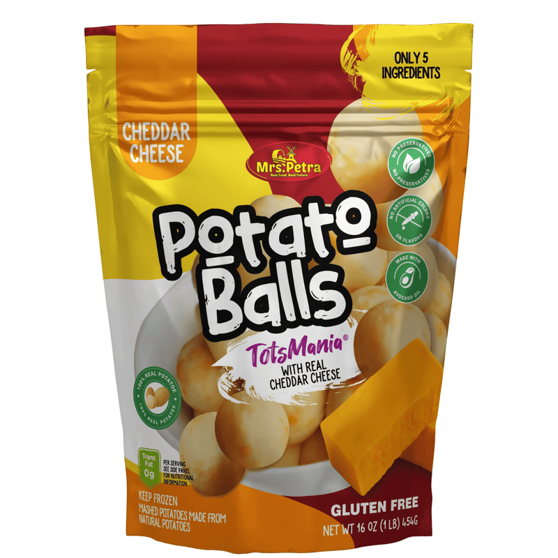 Mrs. Petra TotsMania Cheddar Cheese Potato Balls, Frozen Potatoes, 16 oz Bag — package