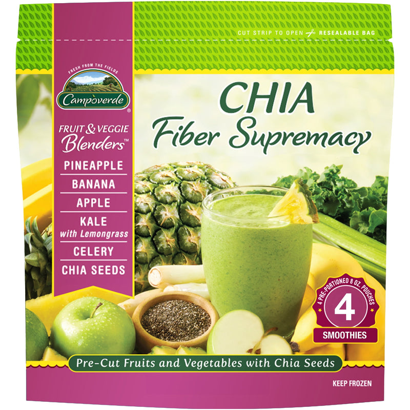 Campoverde Frozen Fruit & Veggie Smoothie Mix, Chia Fiber Supremacy with Pineapple, 4 Pre-Portioned Packs, No Added Sugar, 32 oz — package