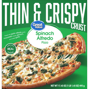 Great Value Frozen Thin and Crispy Crust Pizza Spinach Alfredo, 17.4 oz