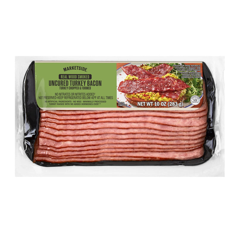 Marketside Real Wood Smoked Uncured Turkey Bacon, 10 oz, Fully Cooked, No MSG, Preservative-Free — package