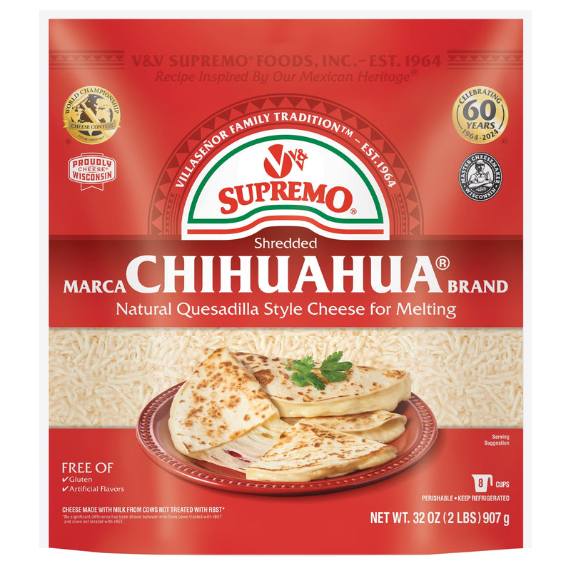 V&V Supremo Shredded Chihuahua Authentic Mexican Style Quesadilla Cheese, Gluten-Free, 32 oz, Refrigerated — package