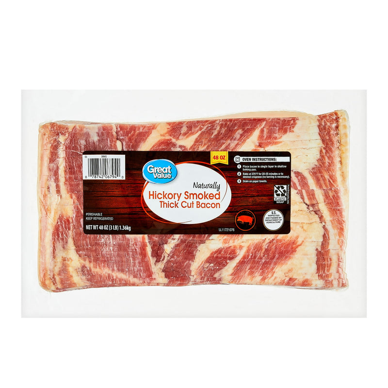 Great Value Naturally Hickory Smoked Thick Cut Sliced Bacon, 48 oz — package