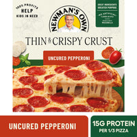 Newman's Own Thin & Crispy Crust Uncured Pepperoni High Protein Frozen Pizza, 15.1 oz — package