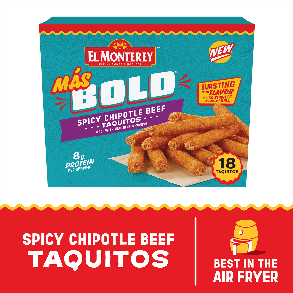 El Monterey Frozen Mas Bold Spicy Chipotle Beef Taquitos, 20.7 oz, 18 ct