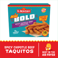 El Monterey Mas Bold Spicy Chipotle Beef Taquitos 20.7 oz, 18 Count (Frozen) — package